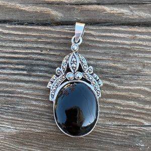Black Onyx Silver Pendant with Marcasites